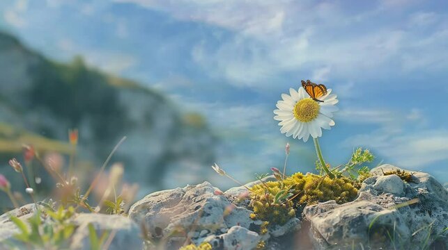 a very beautiful flower and butterfly on top of the mountains. seamless looping time-lapse virtual video Animation Background.