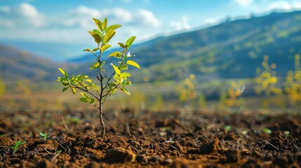 Young,freshly planted tree sapling stands tall in an open field,its tender green leaves reaching towards the sky This image symbolizes the hope and promise of future growth - obrazy, fototapety, plakaty
