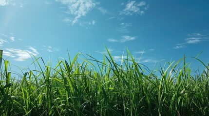 Fototapeta premium Natural landscape,with a vast expanse of lush,verdant grass stretching out under a clear,azure sky The scene exudes a sense of serenity and peacefulnes