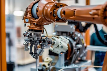 Obraz na płótnie Canvas A close-up of a robotic arm assembling intricate components with precision and efficiency, highlighting automation in action. Text: 