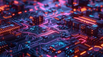 A close-up shot of intricate circuitry, with glowing LEDs and intricate patterns creating a mesmerizing display of technology. - obrazy, fototapety, plakaty