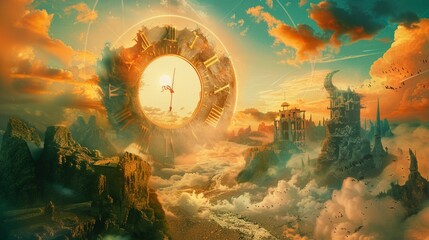 A conceptual illustration of the passage of time, with surreal landscapes and symbolic imagery representing the cyclical nature of life and existence. - obrazy, fototapety, plakaty