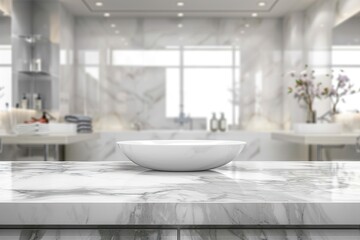 Fototapeta premium White bathroom interior. Empty marble table top for product display with blurred bathroom interior background