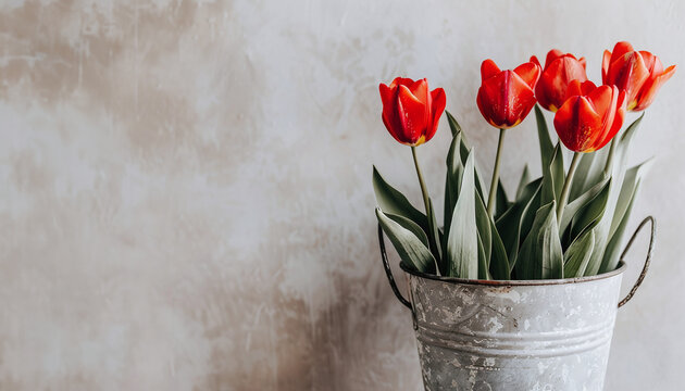 Red tulips bouquet in tin metal backet, grey wall background. Mother's day floral gift.