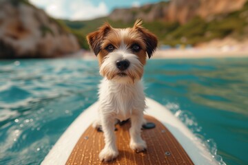 Happy dog sitting on paddle board. The pet Having fun on SUP board at summer day. Active lifestyle with pets. Sea and mountain view, poster, wallpaper. SUP board training with pets, relaxation. - obrazy, fototapety, plakaty