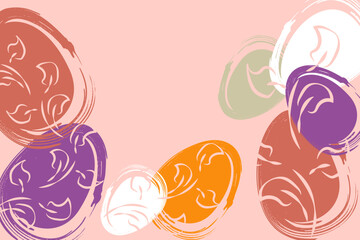 Vector. Easter design with hand drawn brush strokes, pastel eggs. Modern minimalist style. Horizontal poster, postcard, website page, banner, brochure, postcard with copy space for text.