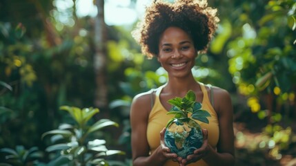 Young African woman is standing in a lush,green outdoor setting,holding a globe in her hands and smiling Her expression and the surrounding nature suggest a sense of environmental