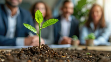 Group of diverse business professionals gathered around a sprouting green plant,engaged in a collaborative discussion about eco-friendly strategies and sustainable solutions for their company