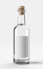 clear glass bottle with white label and cap, in the style of mockup, white background