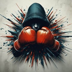 A close-up photo of a South Asian man wearing a black hoodie and red boxing gloves. There is graffiti on the background wall, with a large hole behind the man. - obrazy, fototapety, plakaty