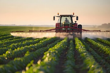 Tractor spraying pesticides on a soybean field during farming season. Concept Agricultural practices, Pesticide application, Farming technology, Soybean cultivation, Tractor equipment