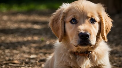 Golden retriever puppy with big soulful eyes and a wagging tall,