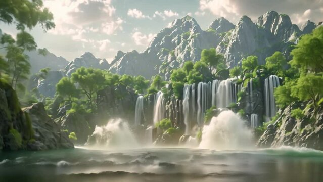 video An island with mountains rivers and a waterfall 