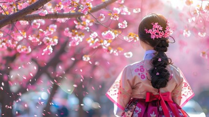 Woman wearing korean national dress and pink cherry blossoms in spring at Namsan park,Seoul South Korea. - obrazy, fototapety, plakaty