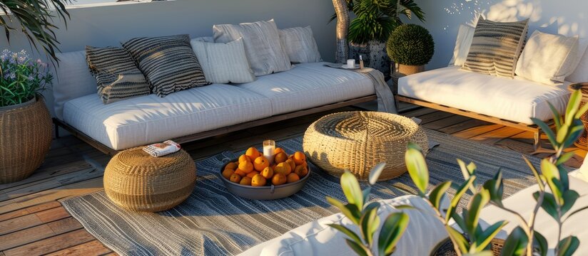 Outdoor terrace furniture setup with fresh fruits