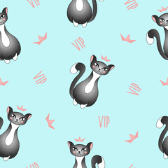 Seamless pattern with cute grey cat on blue background. Queen, princess cat, very important person. Vector illustration for children.