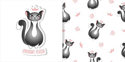 Set of card and seamless pattern with cute grey cat on white background. Queen, princess cat, very important person. Vector illustration for children.
