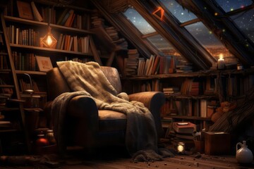 Within a cozy corner of a dimly lit attic, an old armchair nestled amidst stacks of books. The atmosphere is nostalgic, evoking a sense of fond remembrance. - obrazy, fototapety, plakaty