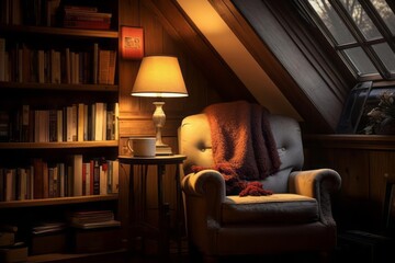 Within a cozy corner of a dimly lit attic, an old armchair nestled amidst stacks of books. The atmosphere is nostalgic, evoking a sense of fond remembrance. - obrazy, fototapety, plakaty