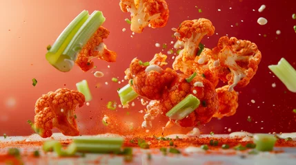 Foto op Canvas The third image captures cauliflower pieces and celery sticks soaring through a spicy air with dynamic energy © road to millionaire