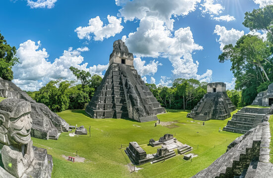 Photo of the ancient Mayan city showing stone monoliths in front, placed on lush green grass with a blue sky and white clouds overhead