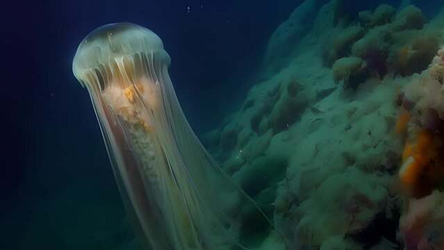A massive undiscovered species of jellyfish gracefully glides through the deep blue waters its size and beauty a testament to the secrets that lie deep within the abyss.