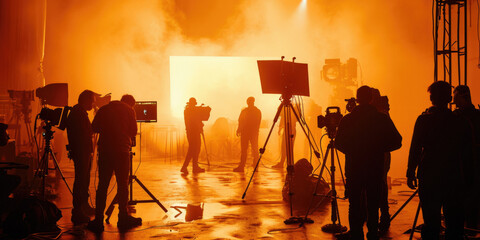 Film crew is working on a set. There are several people standing behind cameras and other equipment. There is a large screen in the background and a lot of smoke in the air.