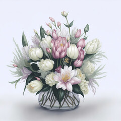 A beautiful bouquet of tulips, white peonies and pink lilies in an elegant glass vase. The flowers are arranged to create a harmonious composition with soft pastel colors. White background. Watercolor