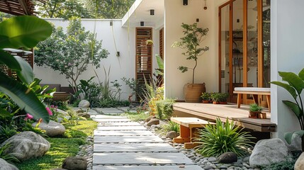 Fototapeta premium Minimal modern bungalow front garden with white walls and wooden furniture, plants and small trees in the corner of the house. Generative AI.