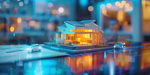 a concept holo 3d render model of a small living house on a table in a real estate agency. signing...