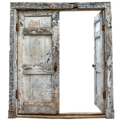 Weathered open double wooden door, cut out