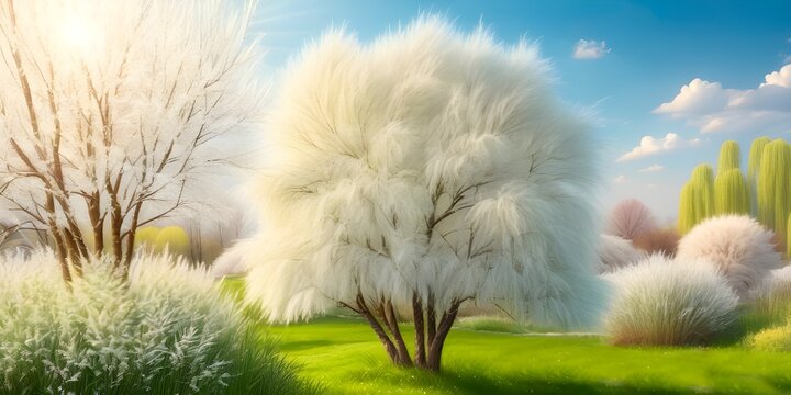 Beautiful spring landscape with big fluffy white trees