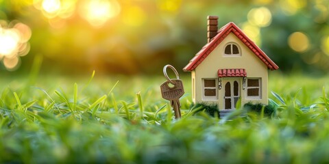 small house model with key on grass and blur background