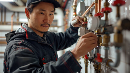 Asian repairman installing gas valves in a newly renovated kitchen. Generative AI. - obrazy, fototapety, plakaty
