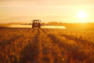 Fototapeta premium A tractor sprays pesticides in a cornfield at sunset creating a picturesque agricultural scene. Concept Agriculture, Pesticides, Tractor, Cornfield, Sunset