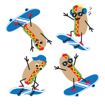 Set of Cartoon Hot Dogs skateboarding in cap and headphones. Vector illustration.