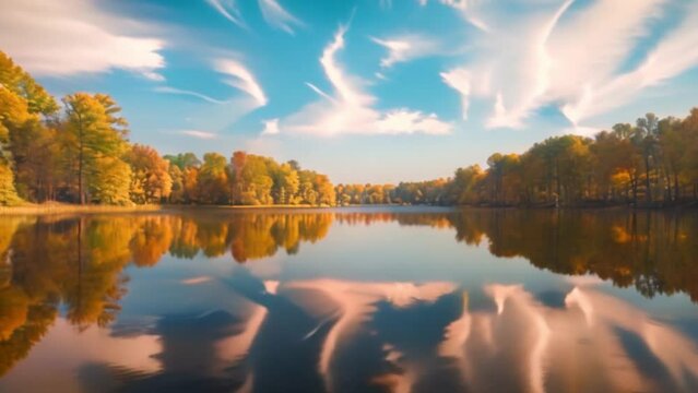 video stunning views of the clear lake with the reflection of vibrant trees and blue skies