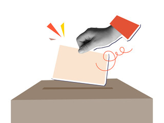 Hand putting a form in a ballot box. Illustration on transparent background in a modern collage style © tiena