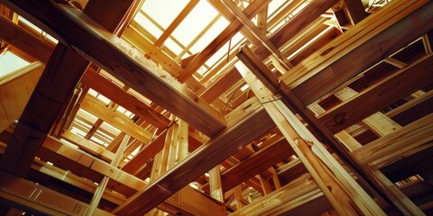 the house frame being constructed in the construction site, in the style of varying wood grains, - obrazy, fototapety, plakaty