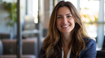 Fototapeta premium Happy smiling woman ceo manager at office space, possibly real estate, lawyer, non-profit, marketing