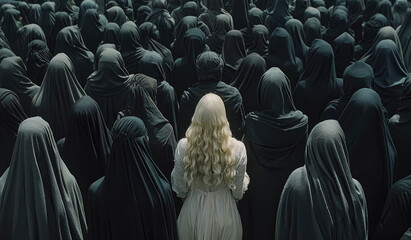 A lone blonde woman stands amidst an army of black women, all wearing burqas and covering their faces with headscarves. - obrazy, fototapety, plakaty