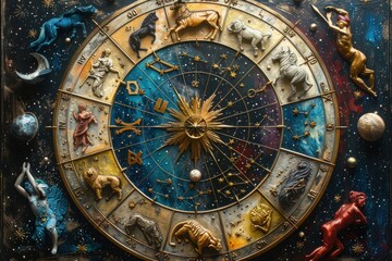 Intricate Zodiac Wheel Featuring Elaborate Designs and Radiant Center - obrazy, fototapety, plakaty