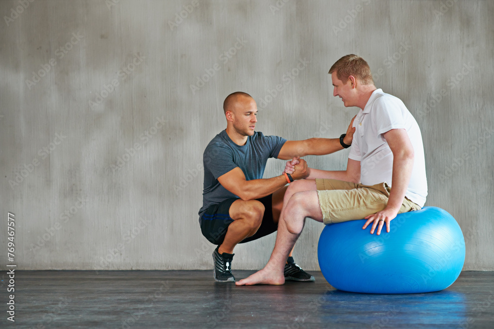 Poster Physical therapy, gym help and exercise ball with a man with a disability and physio consultation for rehabilitation. Physiotherapy and healthcare professional with helping and wellness for mobility