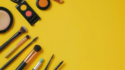 Makeup brushes and cosmetics on yellow background. Top view with copy space