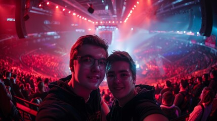 Selfie image of two young men at a concert in a giant indoor arena
