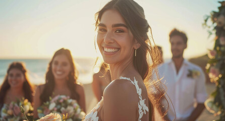 A beautiful bride stands on the beach with her wedding party, smiling at the camera. She is holding flowers and wearing an elegant white dress.
