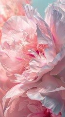 Detailed view of pink peony flower petals against a backdrop of the sky, background, wallpaper