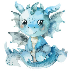 Cute blue baby fantasy kawaii dragon with wings water