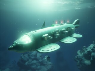 Fototapeta premium Futuristic Submersible Craft Navigating Luminous Underwater Realm Illuminated by Glowing Moons in Sci-Fi Inspired Landscape