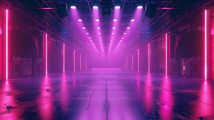 Futuristic theatre stage, magenta lights and speakers, front view. Generative AI.